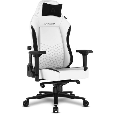 cadeira gaming ALPHA GAMER branca com detalhes pretos e base com rodas