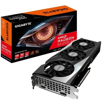 Placa gráfica Gigabyte AMD Radeon RX 6500 XT com caixa de embalagem preta e laranja.