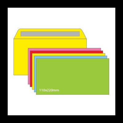 Conjunto colorido de envelopes de papel com janela e dimensões 110x220mm