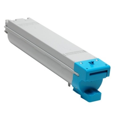 Cartucho de toner branco com tampa azul sobre fundo branco