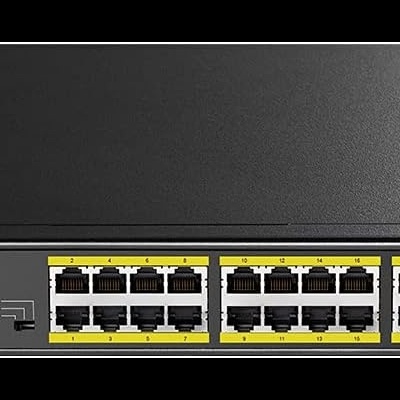 Switch de rede preto Cudy com 24 portas Ethernet e 2 portas SFP Gigabit