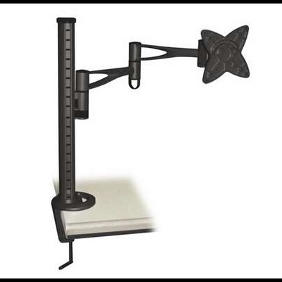 Suporte de monitor metálico preto com braço articulado fixado numa mesa.