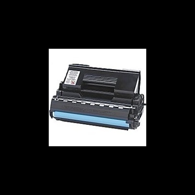 Toner de impressora preto com cilindro azul e etiqueta branca