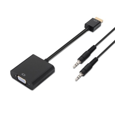 Adaptador preto com HDMI, VGA e cabos de áudio jack 3,5mm