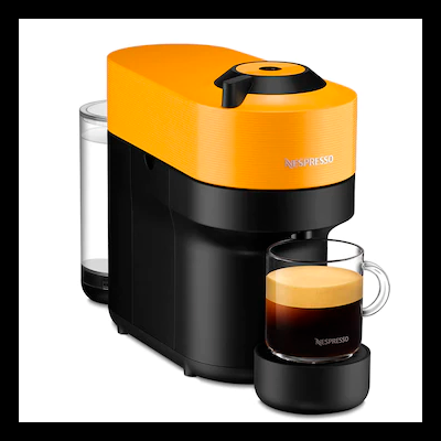 Máquina de café Nespresso preta com topo laranja e chávena de café com espuma