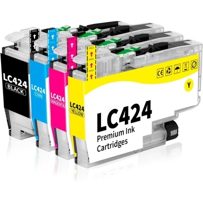 Quatro tinteiros LC424 para impressora em plástico transparente com etiquetas preta, ciano, magenta e amarela.