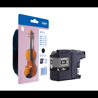 Cartucho de tinta Brother preto XL modelo LC127XL BK com embalagem e ilustração de violino