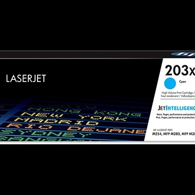 Cartucho HP LaserJet 203x ciano em embalagem preta e branca com texto colorido no fundo