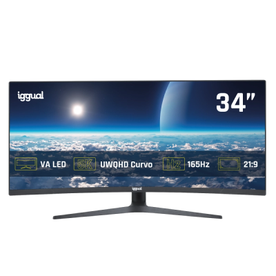 Monitor curvo iggual 34 polegadas com imagem de céu e planeta