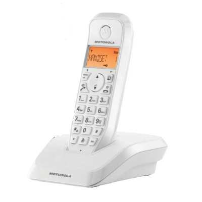 Telefone fixo sem fios branco MOTOROLA com ecrã iluminado laranja e base de carregamento