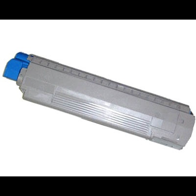 Toner de impressora cinzento com tampa azul em fundo branco