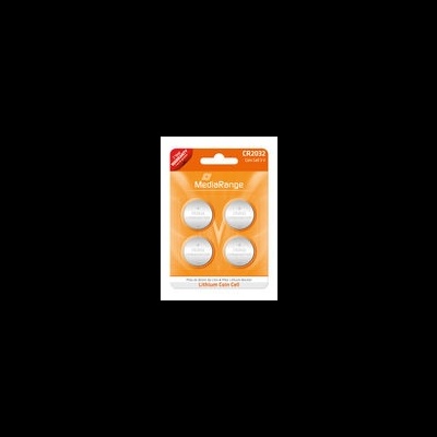 Pacote com quatro pilhas de botão MediaRange CR2032 em embalagem laranja