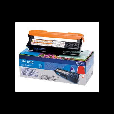 Cartucho de toner azul Brother TN-325C com tampa laranja sobre caixa azul