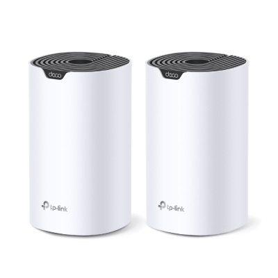 Dois dispositivos TP-Link Deco brancos com topo preto texturizado
