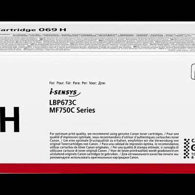 Caixa branca de cartucho Canon 069 H com texto preto e vermelho e selo High Capacity