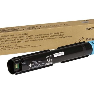 Cartucho de toner Xerox azul ciano com embalagem de papelão castanha
