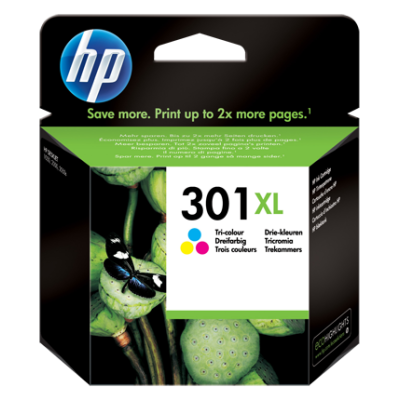 Cartucho de tinta HP 301 XL tri-color em embalagem preta com imagem de plantas verdes