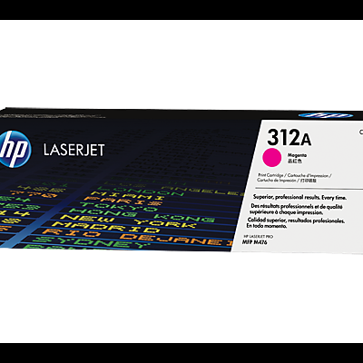 Cartucho de impressão HP LaserJet 312A magenta em embalagem preta com texto e padrões coloridos