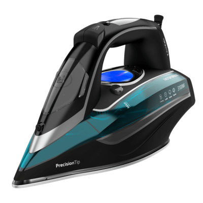 Ferro de engomar preto azul com visor e texto PrecisionTip 3710W