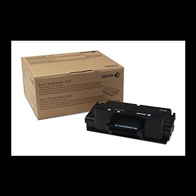 Cartucho de toner preto Xerox ao lado da caixa de cartão castanho com texto preto