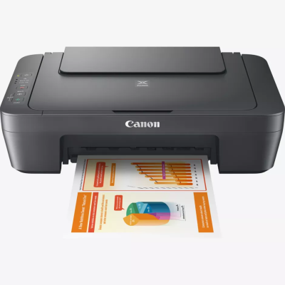 Impressora Canon PIXMA preta a imprimir documento colorido