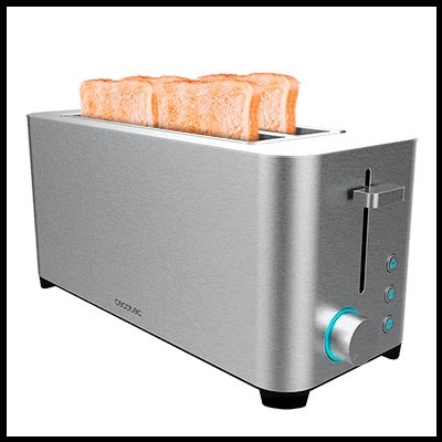 Torradeira de aço inoxidável prateada com quatro fatias de pão