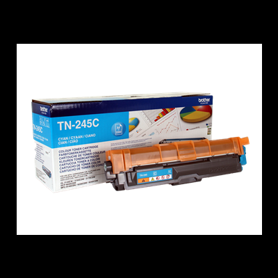 Cartucho de toner Brother TN-245C azul com embalagem e gráficos coloridos.