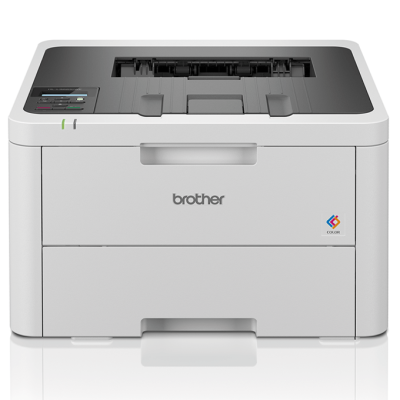 Impressora Brother de cor cinzenta com painel superior e logótipos visíveis.