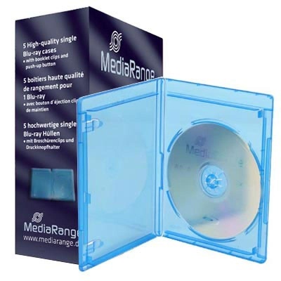 Caixa MediaRange azul para discos Blu-ray com disco e embalagem