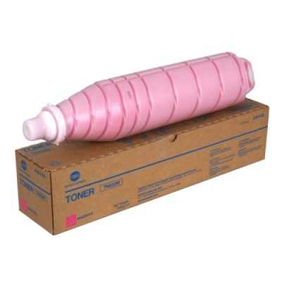 Toner magenta Konica Minolta em garrafa rosa e caixa castanha.