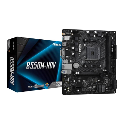Placa-mãe ASRock B550M-HDV e caixa azul preto com texto B550M-HDV e logos AMD