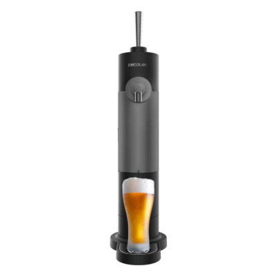 Dispositivo dispensor de cerveja Cecotec preto e cinza com copo de cerveja com espuma