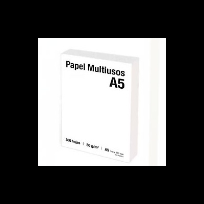 Pilha de papel multiusos A5 com embalagem branca e texto preto