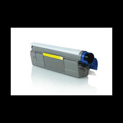 Tinteiro de impressora cinzento com tampa azul e etiqueta amarela