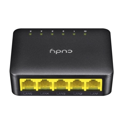 Switch de rede preto com portas LAN amarelas e LEDs indicadoras