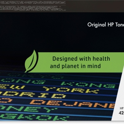 Caixa de toner preto HP LaserJet 220A original com texto e QR code em fundo preto e branco