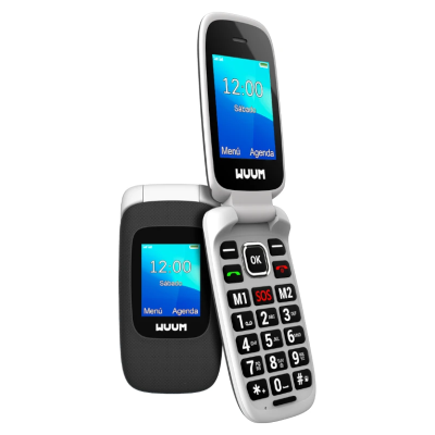 Telemóveis flip WUUM branco e preto com ecrã azul e texto na tela
