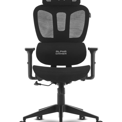 Cadeira de escritório ou gaming preta com texto ALPHA GAMER no encosto lombar