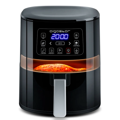 Friggideira elétrica preta Aigostar com visor digital e comida a cozinhar