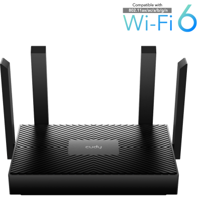 Roteador Wi-Fi preto com quatro antenas e texto Wi-Fi 6