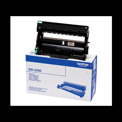Unidade de tambor Brother DR-2200 preto em cima de caixa branca e azul