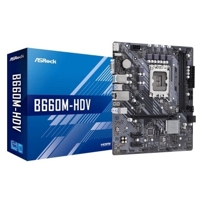 Placa-mãe ASRock B660M-HDV com caixa azul e texto B660M-HDV.