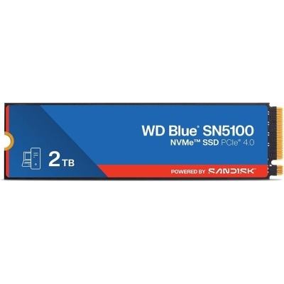 Disco sólido SSD NVMe WD Blue SN5100 PCIe 4.0 azul e vermelho com capacidade 2TB.