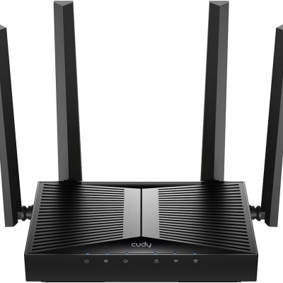 Roteador Wi-Fi preto com quatro antenas e luzes LED azuis