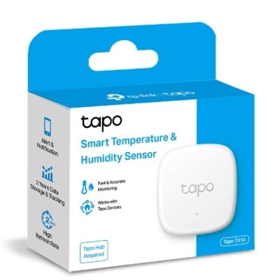 Sensor de temperatura e humidade Tapo T310 na embalagem azul e branca