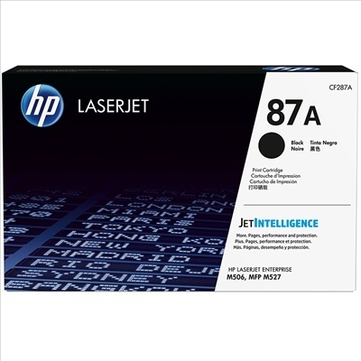 Caixa do cartucho de impressão HP LaserJet 87A preto com design preto e branco e texto multilingue