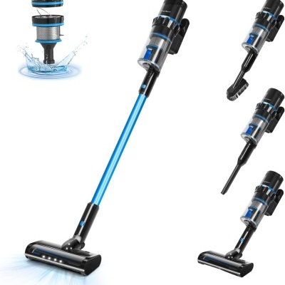 aspirador sem fios preto e azul com acessórios e filtro lavável