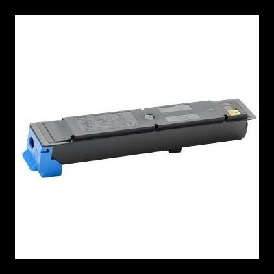 Toner preto para impressora com detalhes em azul, visto em fundo branco.