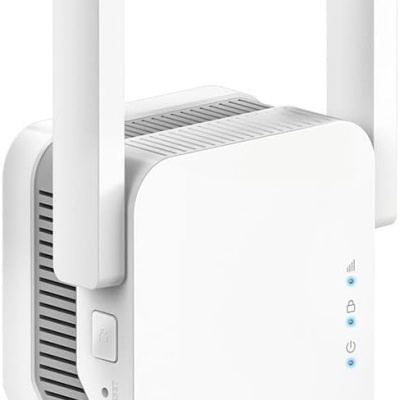 Repetidor Wi-Fi branco Cudy com duas antenas e luzes LED azuis