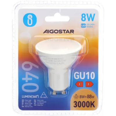 Lâmpada LED GU10 Aigostar 8W 3000K em embalagem plástica colorida